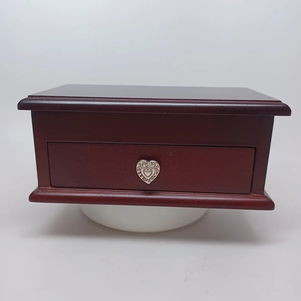 Brighton Wood Jewelry Box Cherry Finish Heart Knob Charm Quote Keepsake Drawer